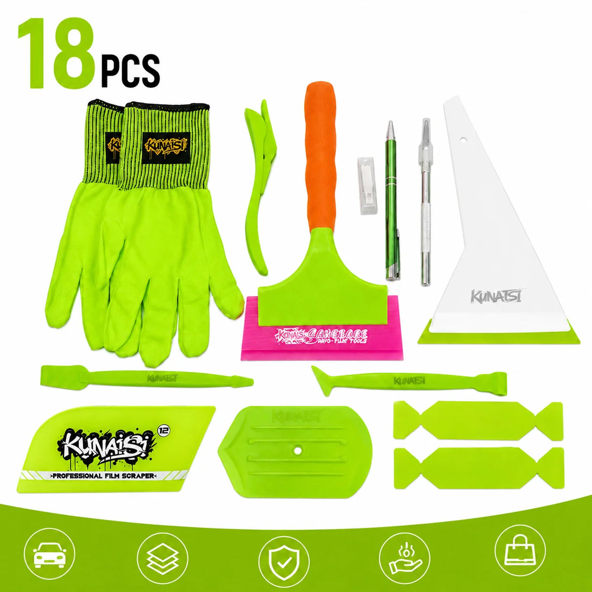 Kit Completo Kunaisi 18 Peças — Rodos, Luvas, Estilete e Acessórios para PPF e Window Film