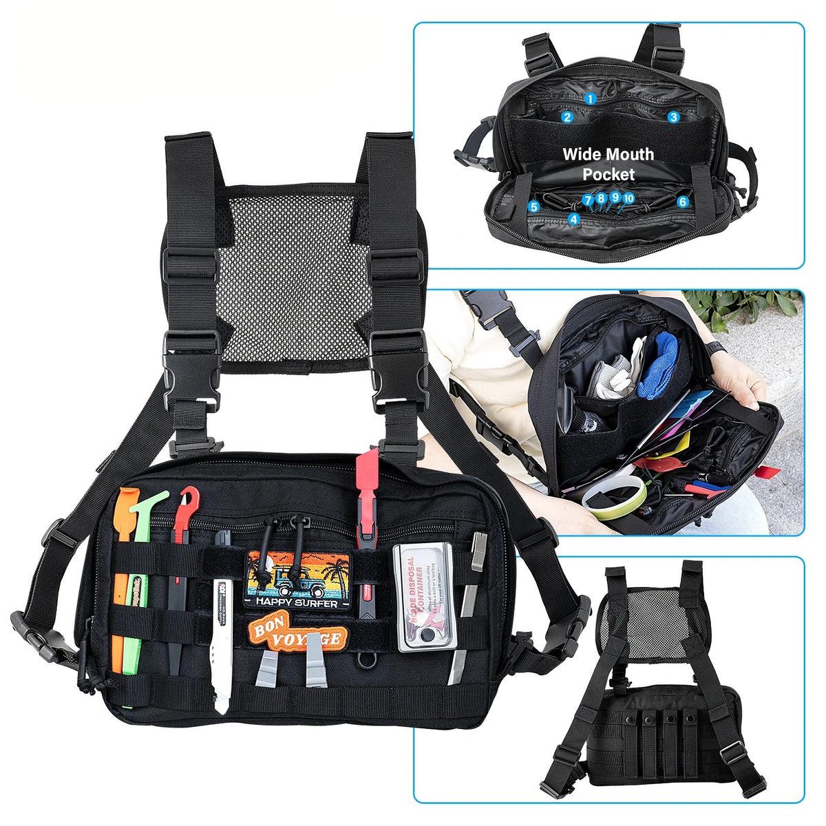 Bolsa de Ferramentas de Peito PRO com Vários Compartimentos e Velcro Frontal | Organizador Profissional para Instaladores